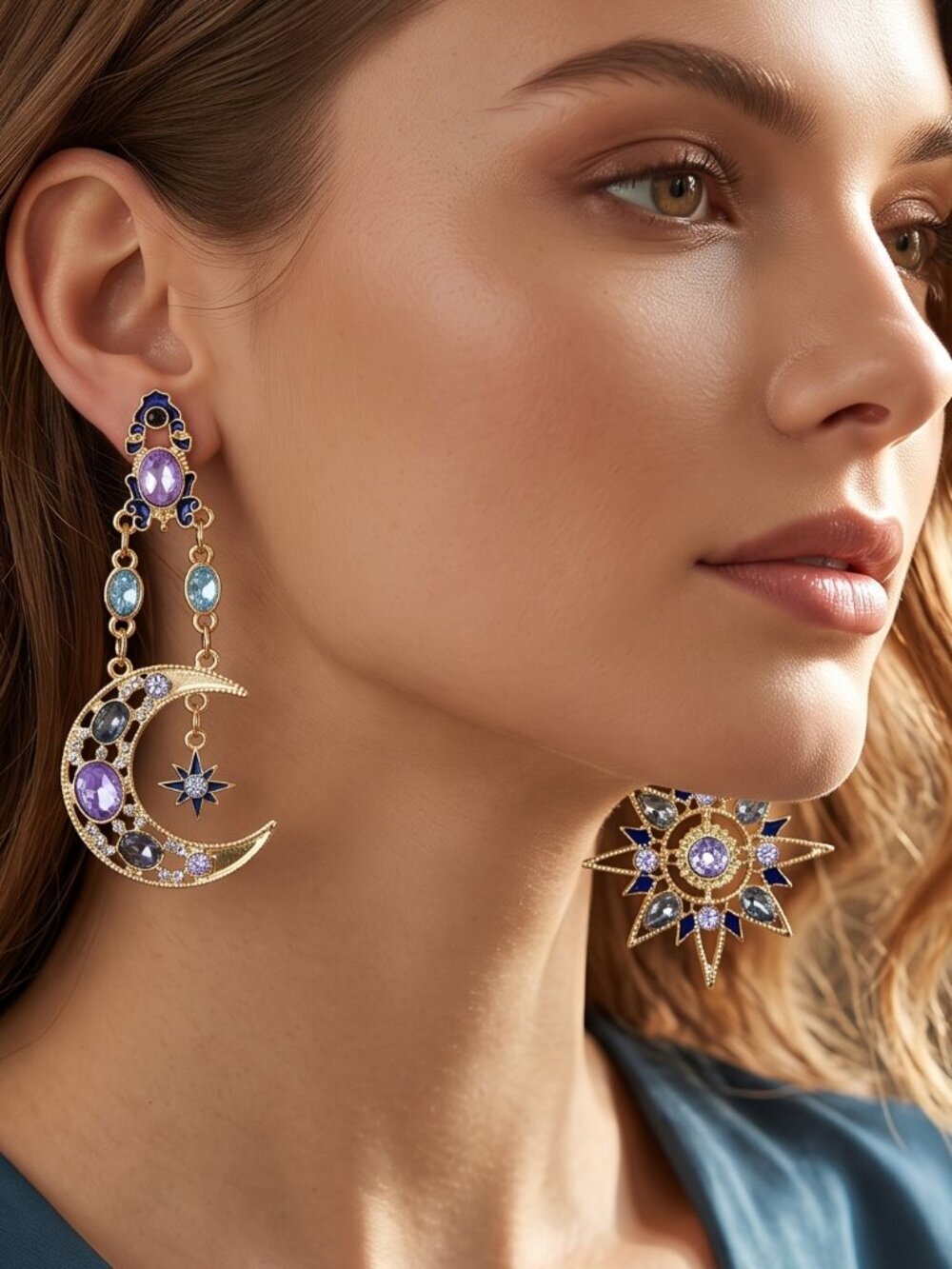 Amazing Moon Star Asymmetrical Earrings Rhinestone